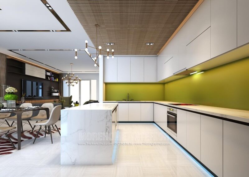 Mẫu thủ bếp gỗ Acrylic được thiết kế kịch trần, màu trắng tinh tế cũng là gam màu được lựa chọn chủ đạo tạo sự thoáng đãng cho không gian căn bếp Thiết kế phòng bếp, tủ bếp đẹp