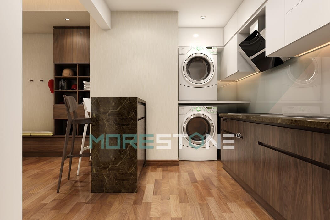 Ốp đá bếp màu nâu là sự lựa chọn ưa chuộng của nhiều chủ nhà. Đá tự nhiên nâu có độ bóng cao và tạo ra nét đẹp sang trọng cho căn bếp Thiết kế phòng bếp, tủ bếp đẹp