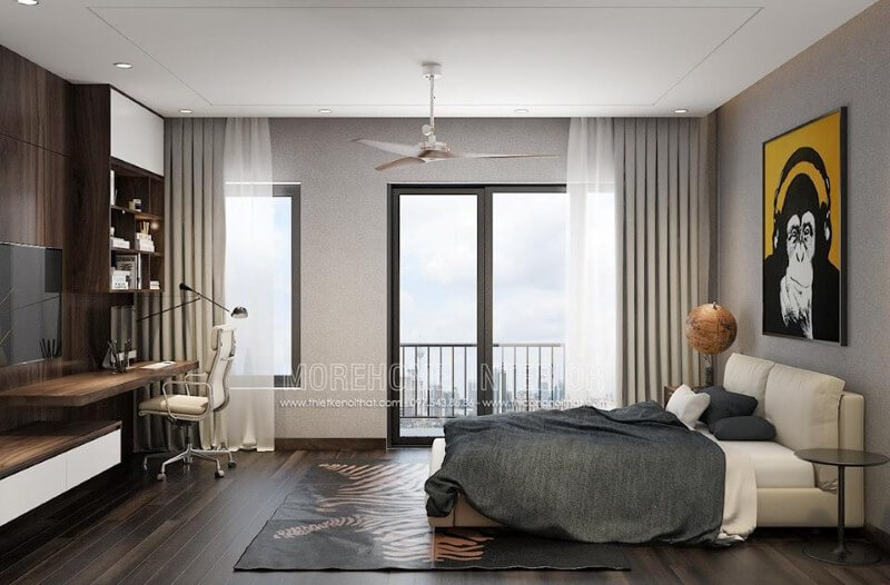 Phòng ngủ con được thiết kế theo phong cách hiện đại độc đáo nhưng khá thông thoáng từ góc học tập, cửa sổ, ban công, giường tối giản. Thiết kế phòng ngủ nhà phố