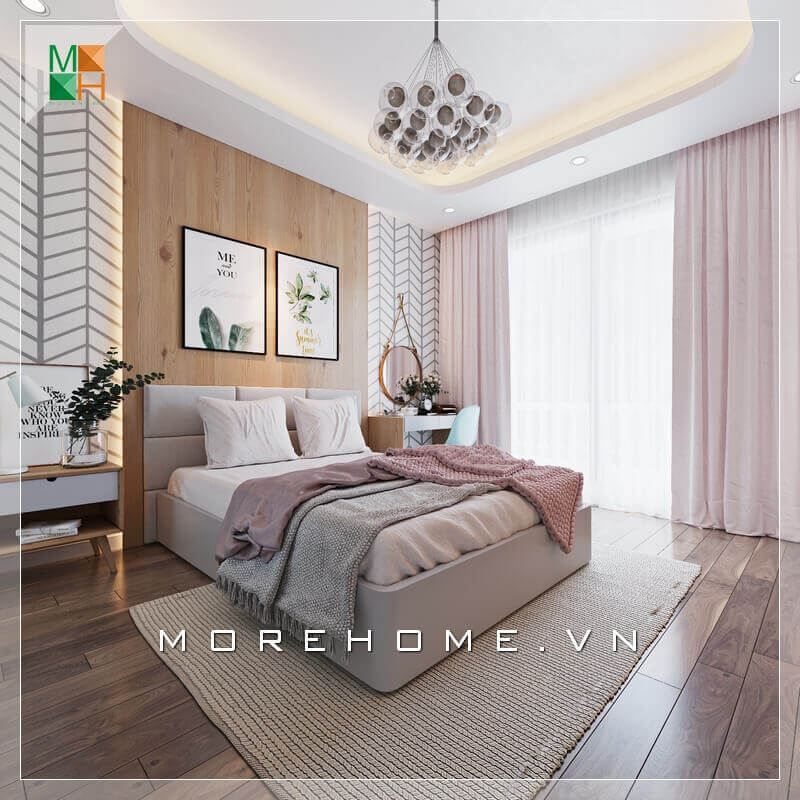 Mẫu tranh canvas hợp với không gian phòng ngủ chất liệu chính là gỗ, biến căn phòng ngủ trở nên sinh động và ấn tượng. Thiết kế phòng ngủ nhà phố