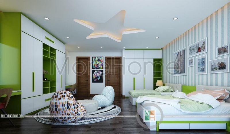 Phòng ngủ được trang trí sống động bằng bộ tranh treo tường đẹp.