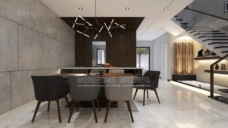 Phòng ăn được trang trí ấn tượng bằng cách sử dụng bộ bàn ghế hiện đại, có thể chứa đến 7 người. Những chiếc ghế có thể điều chỉnh màu sắc, bàn gỗ nguyên khối và ánh sáng đèn độc đáo làm cho phòng ăn trở nên đẹp mắt.