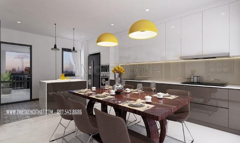Phòng ăn hiện đại được thiết kế với một ý tưởng độc đáo là lồng ghép vào phòng bếp, giúp tạo nên sự tiện nghi và đẹp mắt, cực kỳ sang trọng.