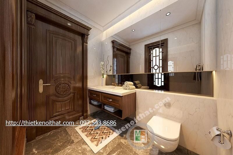 Mẫu cửa gỗ 1 cánh mang lại sự ấn tượng với đường nét chạm khách độc đáo cho phòng tắm.