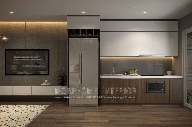 Nội thất phòng bếp của nhà phố được thiết kế đẹp với một tủ bếp sang trọng.